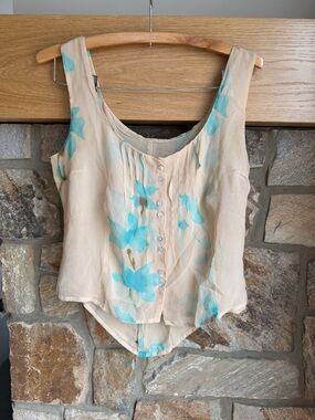 IXOS Sleeveless Floral Button-Front Tank Top in Beige and Aqua 100% Silk size 46